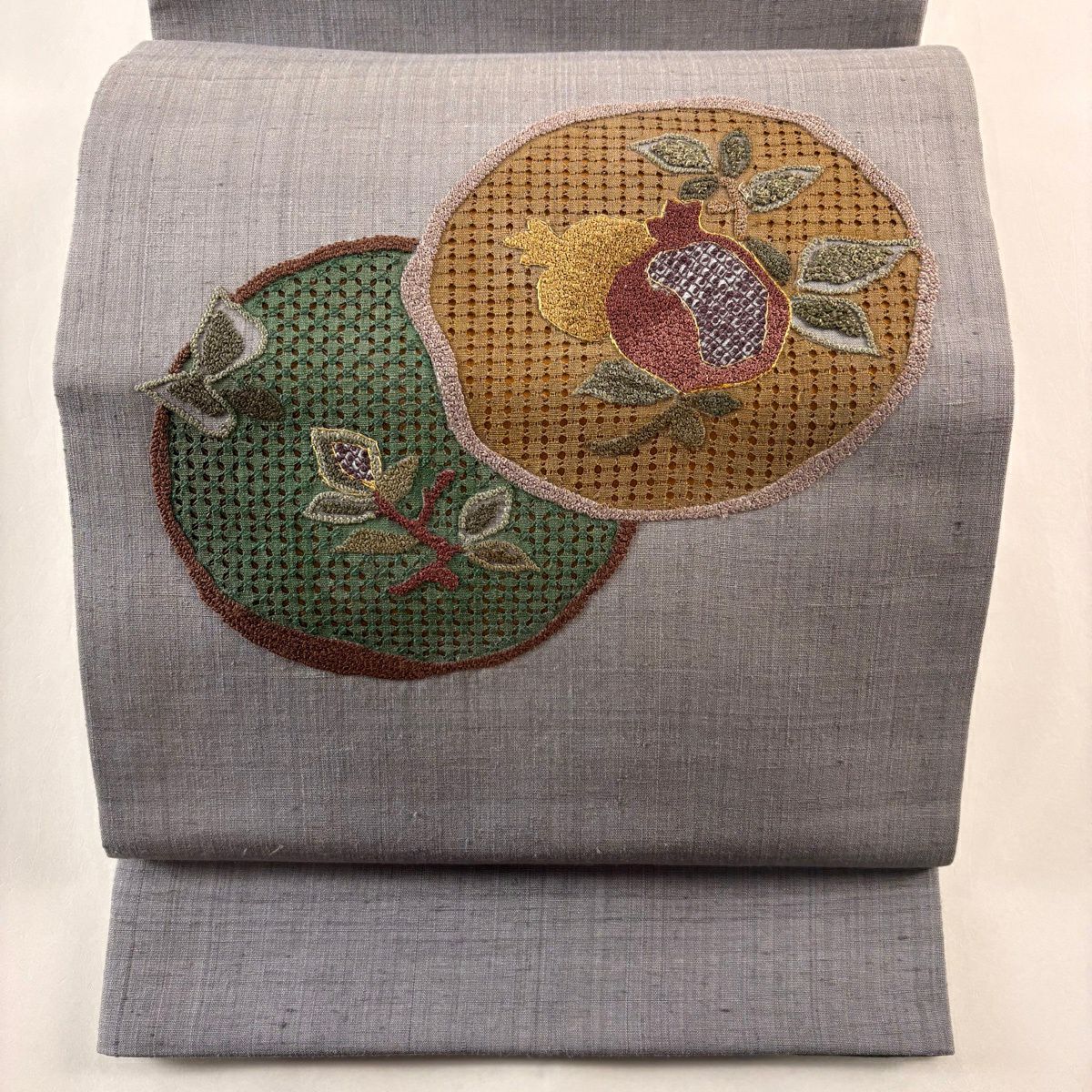 袋帶 秀品級 圓紋 生物 刺繡 金絲 灰色 大鼓圖案 純蠶絲