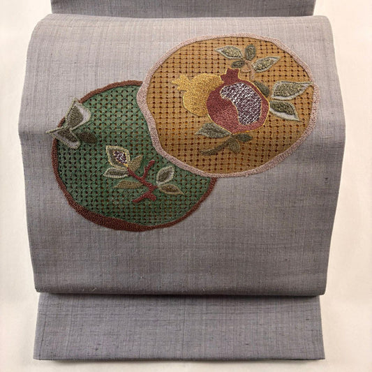袋帶 秀品級 圓紋 生物 刺繡 金絲 灰色 大鼓圖案 純蠶絲