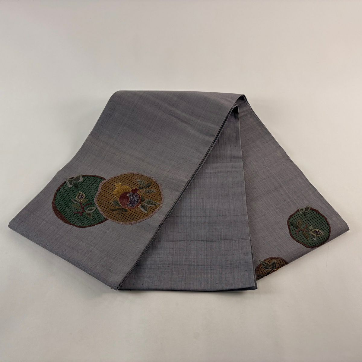 袋帶 秀品級 圓紋 生物 刺繡 金絲 灰色 大鼓圖案 純蠶絲