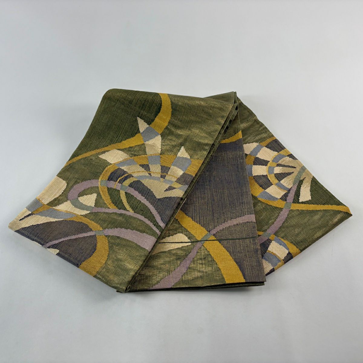 【美品】 袋帶 秀品級 幾何學 金絲 灰綠 お太鼓圖案 純蠶絲