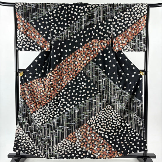 訪問服 身長159cm 袖長66cm M 雙層 ますいわ屋 梅花 竹子 刺繡 金糸 黑 純蠶絲 逸品級