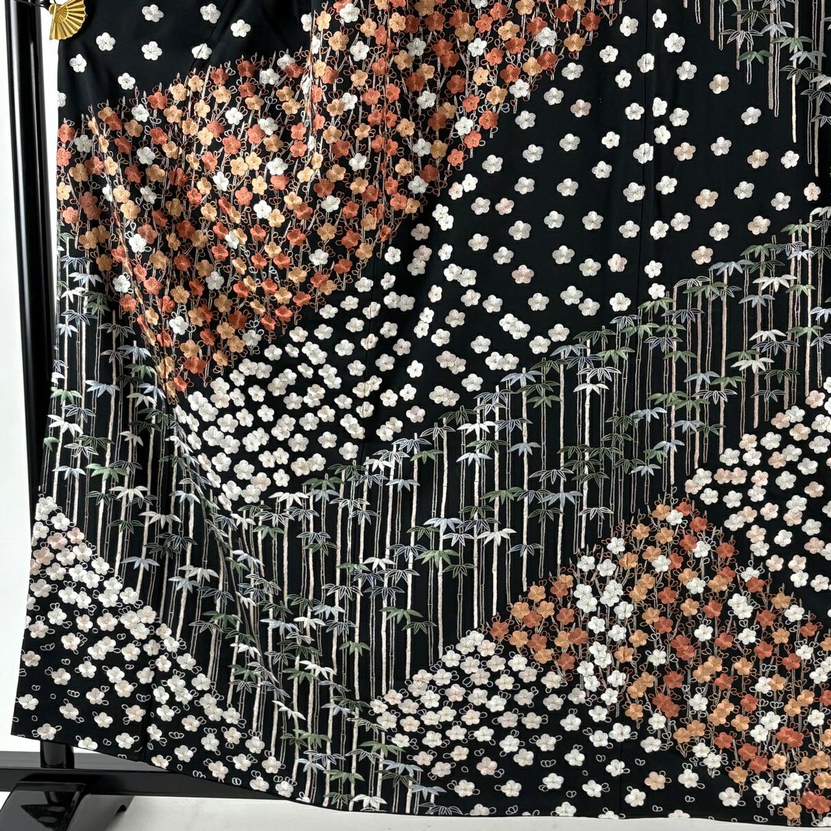 訪問服 身長159cm 袖長66cm M 雙層 ますいわ屋 梅花 竹子 刺繡 金糸 黑 純蠶絲 逸品級