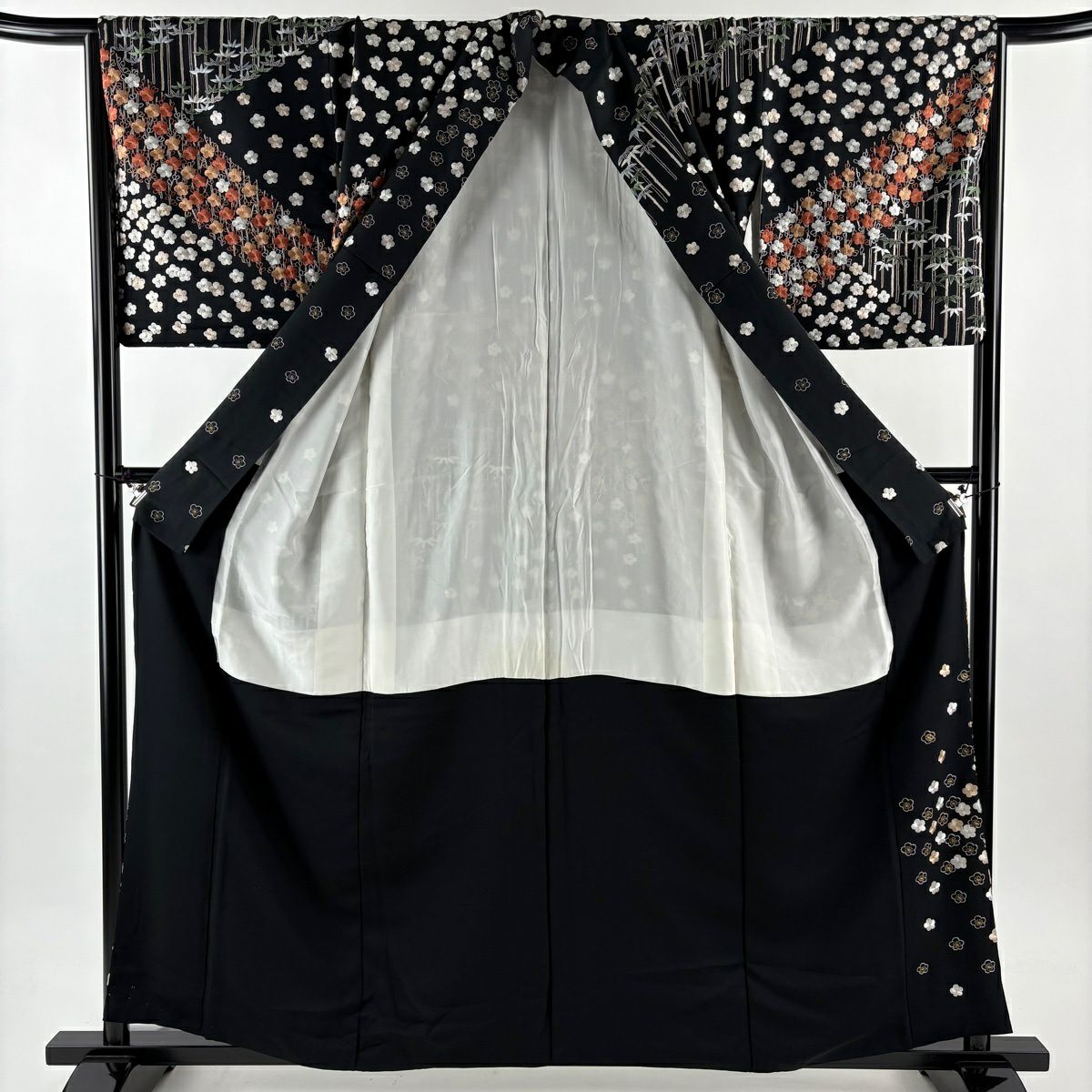 訪問服 身長159cm 袖長66cm M 雙層 ますいわ屋 梅花 竹子 刺繡 金糸 黑 純蠶絲 逸品級