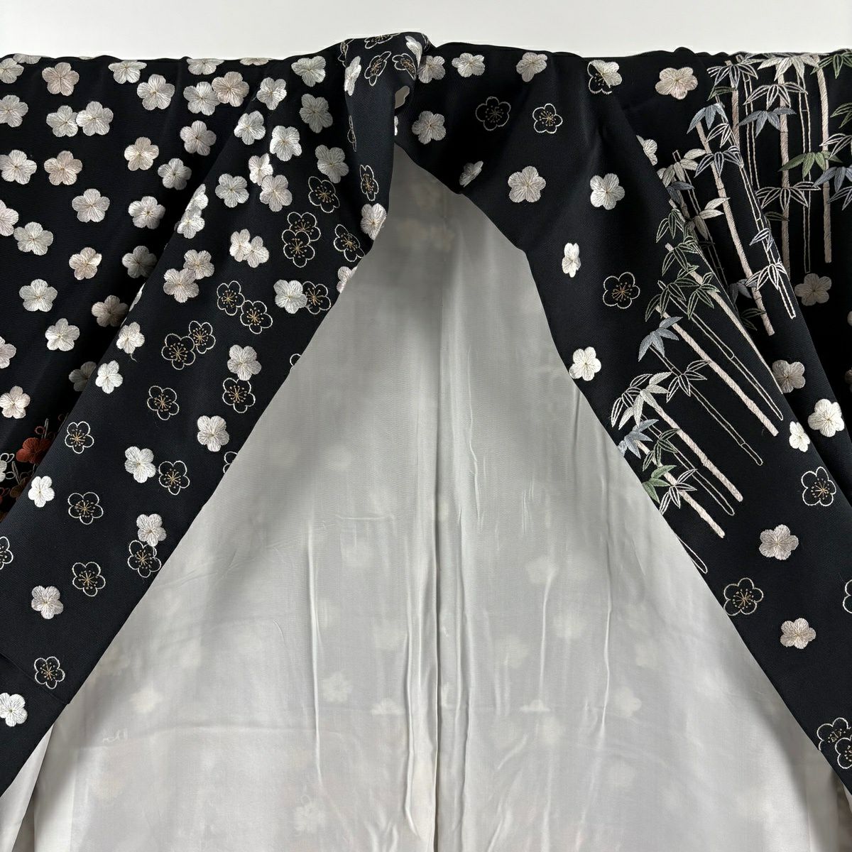 訪問服 身長159cm 袖長66cm M 雙層 ますいわ屋 梅花 竹子 刺繡 金糸 黑 純蠶絲 逸品級