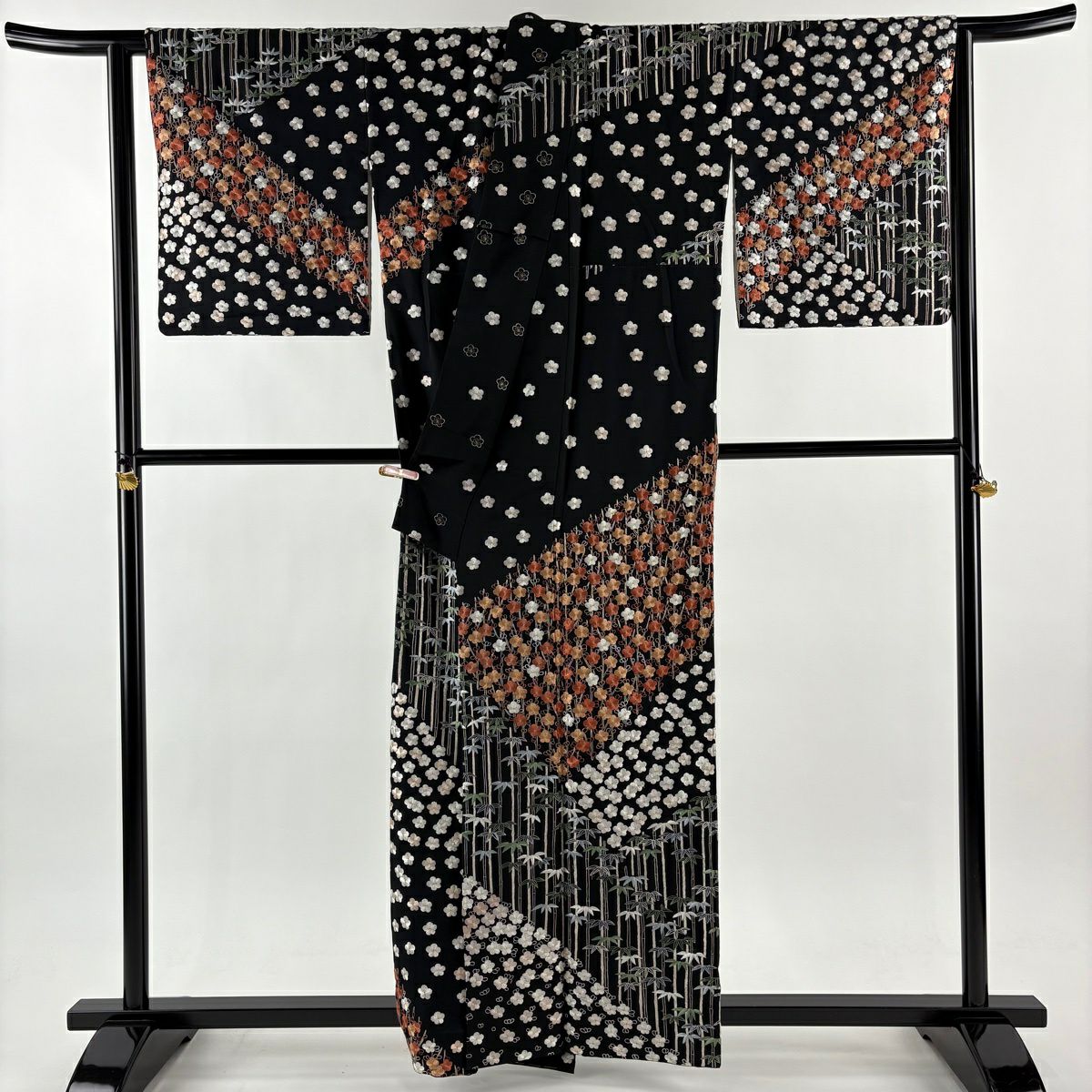 訪問服 身長159cm 袖長66cm M 雙層 ますいわ屋 梅花 竹子 刺繡 金糸 黑 純蠶絲 逸品級