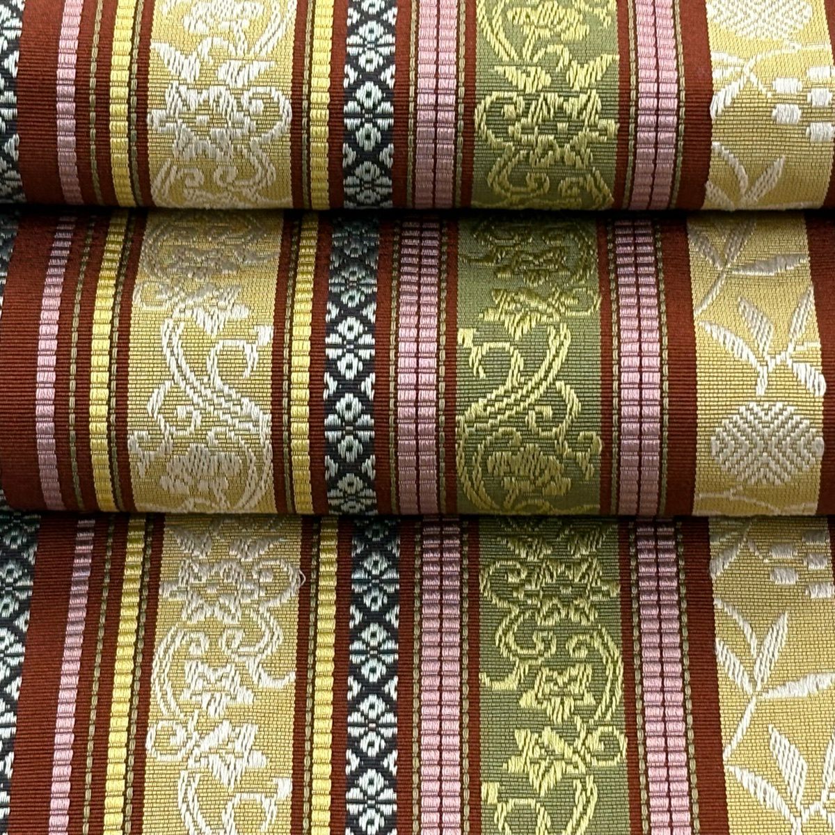 【美品】半幅帶 秀品級 證書齊全 博多織 條紋 草花紋 黃土色 純蠶絲
