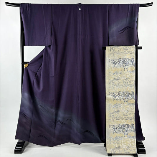 【美品】 付下 身長164.5cm 袖長68cm L 雙層 袋帶套裝 波 ぼかし 紫 純蠶絲 名品級 一つ紋