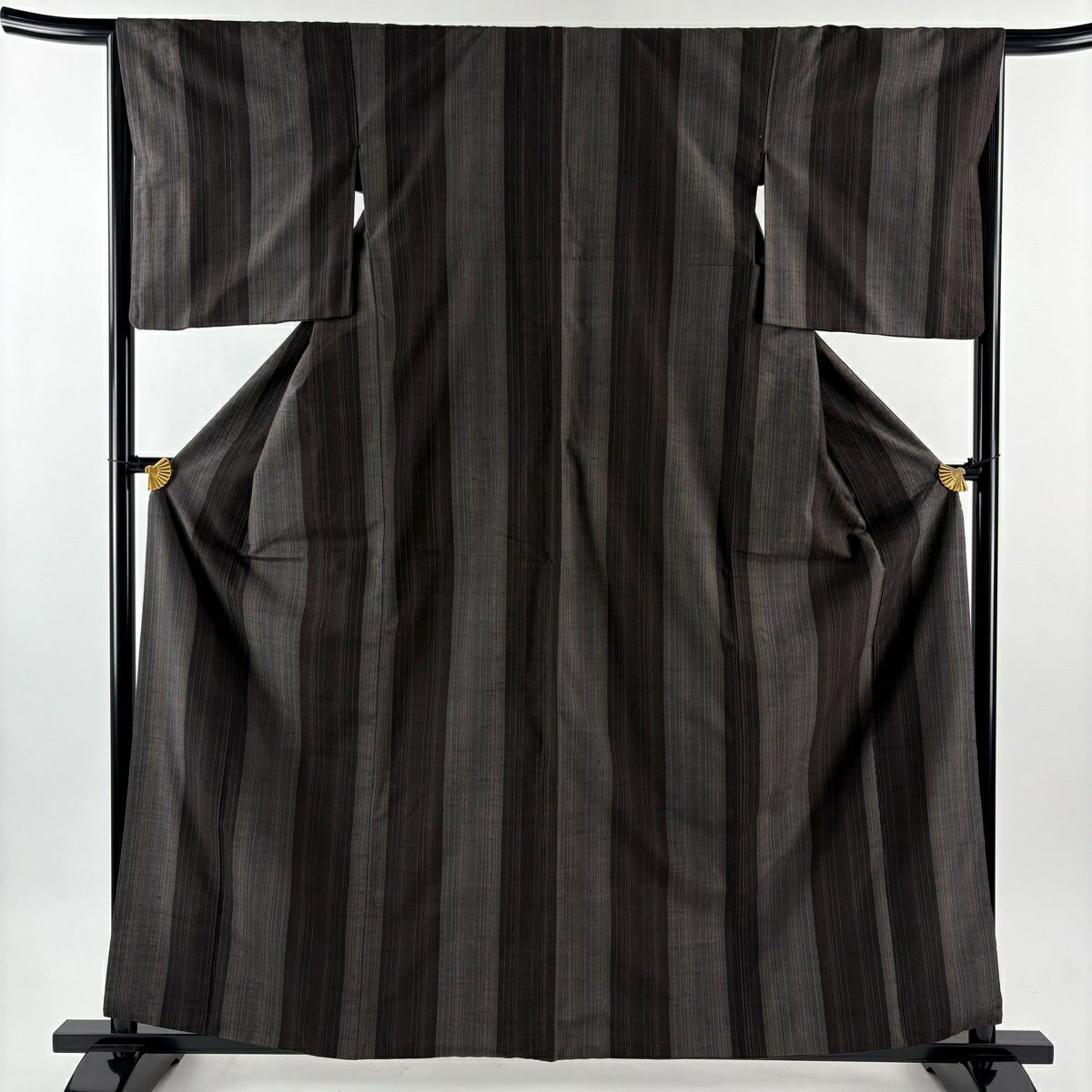 【美品】 紬織 身長161cm 袖長66.5cm M 雙層 名古屋帶套裝 垂直條紋圖案 焦茶 純蠶絲 名品級