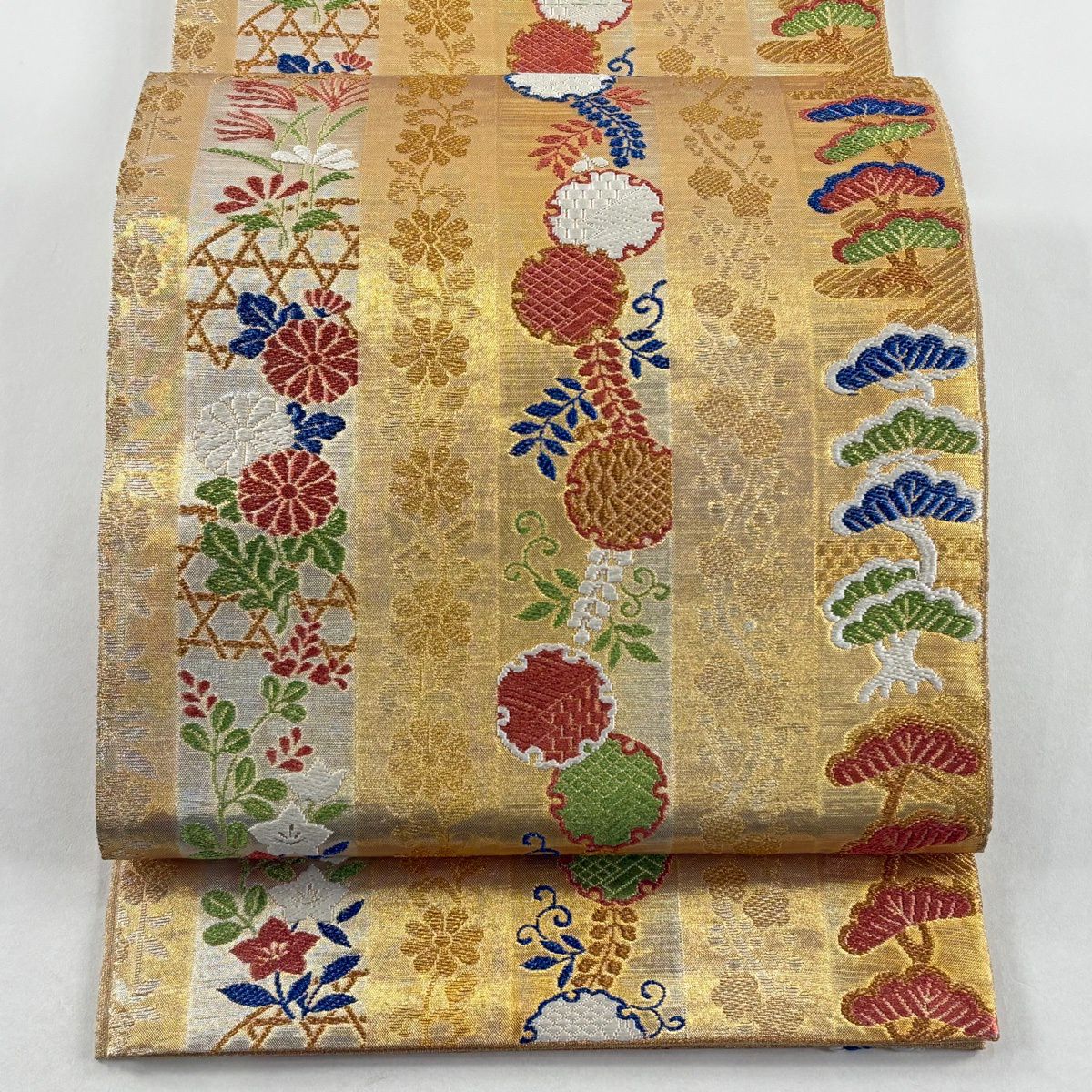 【美品】 袋帶 逸品級 雪輪 松樹梅花 金絲 拉麵絲 金 六通 純蠶絲