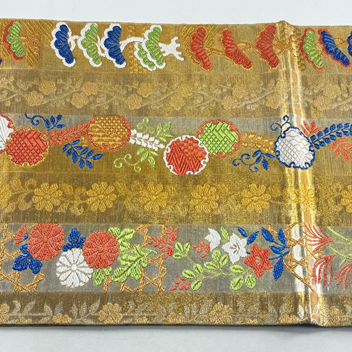【美品】 袋帶 逸品級 雪輪 松樹梅花 金絲 拉麵絲 金 六通 純蠶絲