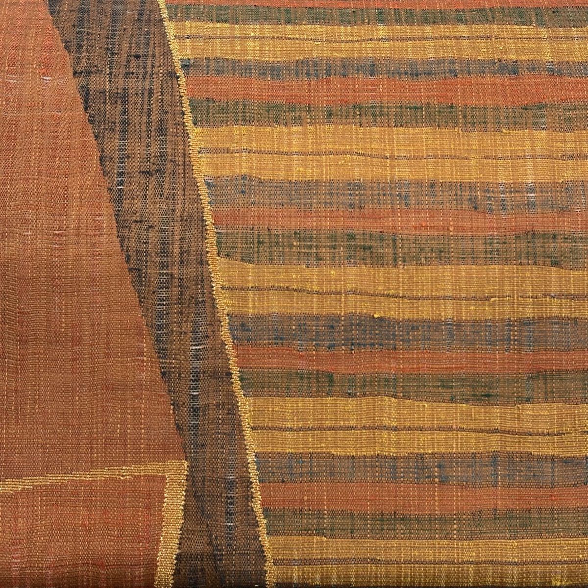 【美品】 袋帶 逸品級 渡文 有落款 幾何學圖案 金絲 茶色 大鼓圖案 純蠶絲