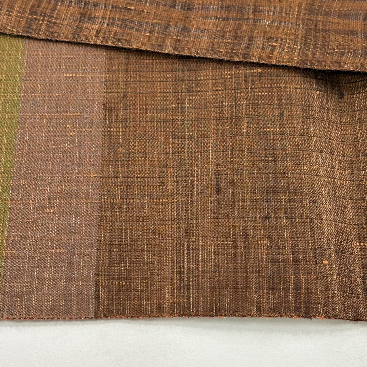 【美品】 袋帶 逸品級 渡文 有落款 幾何學圖案 金絲 茶色 大鼓圖案 純蠶絲