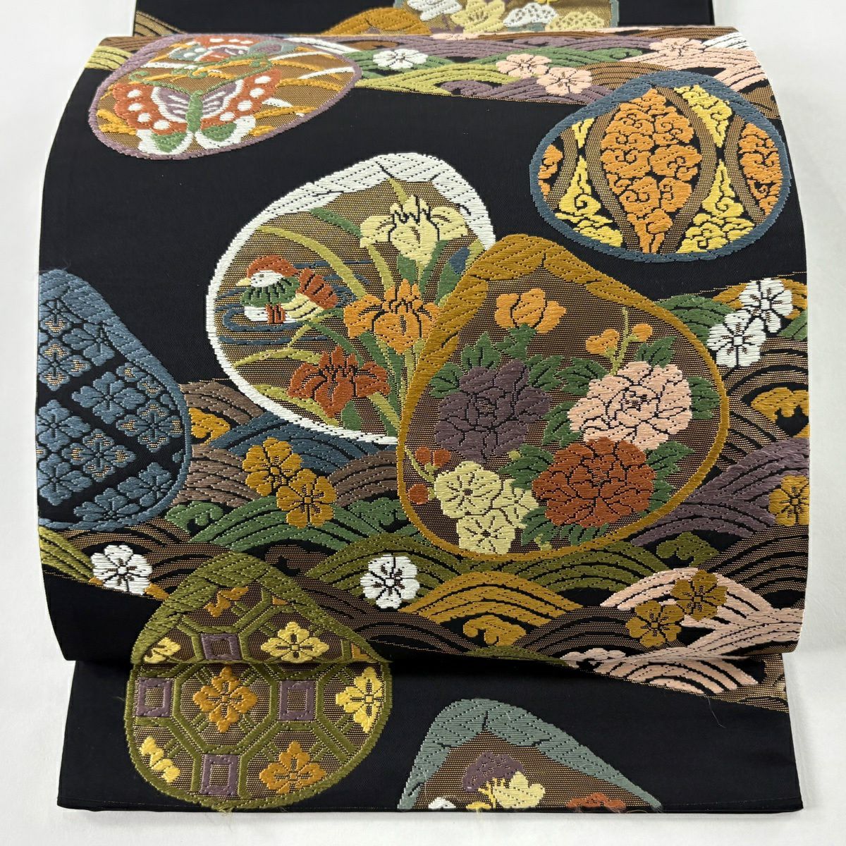 袋帶 逸品級 草花紋紋 貝 刺繡 金金箔 黑 六通 純蠶絲