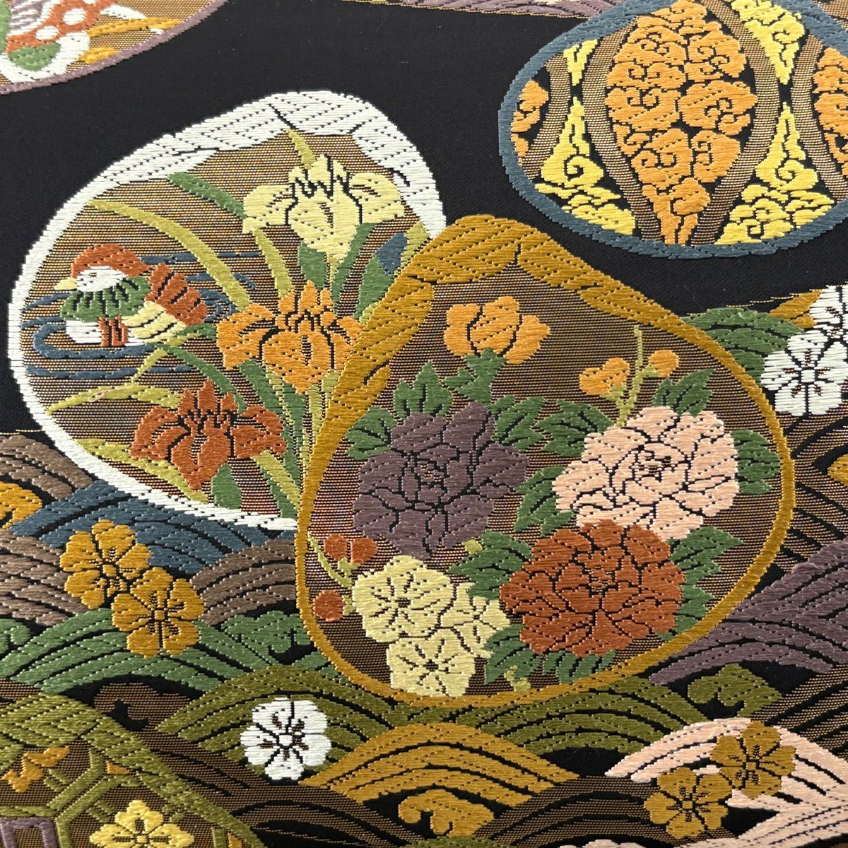 袋帶 逸品級 草花紋紋 貝 刺繡 金金箔 黑 六通 純蠶絲