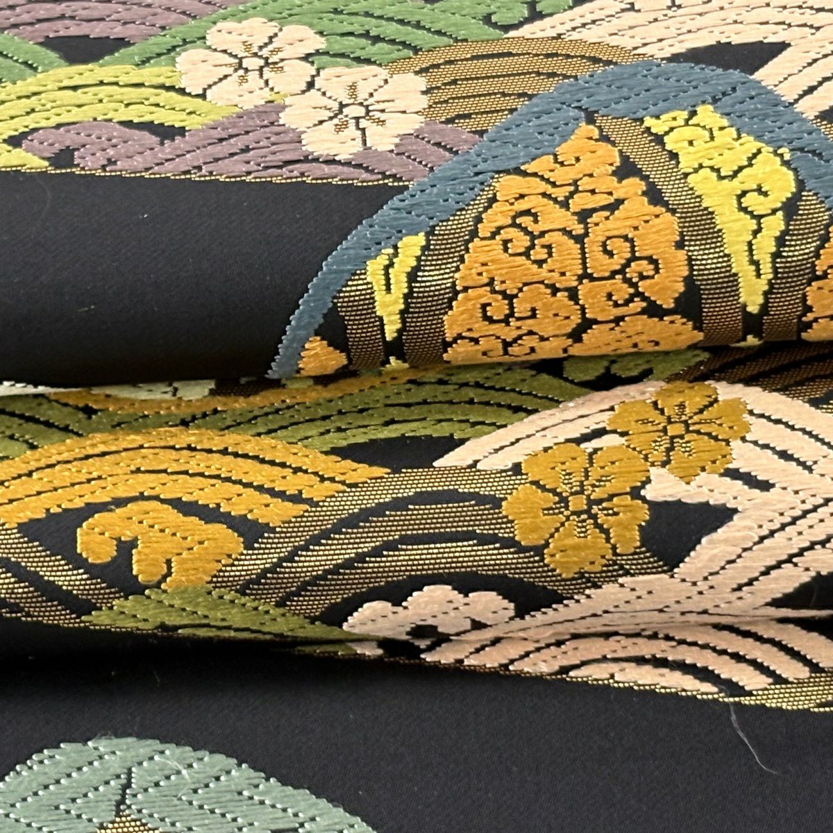 袋帶 逸品級 草花紋紋 貝 刺繡 金金箔 黑 六通 純蠶絲