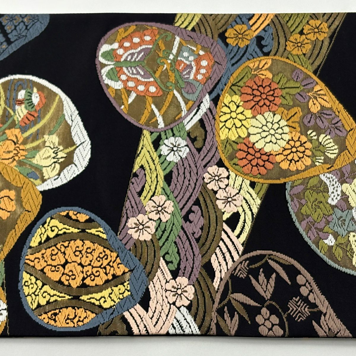 袋帶 逸品級 草花紋紋 貝 刺繡 金金箔 黑 六通 純蠶絲