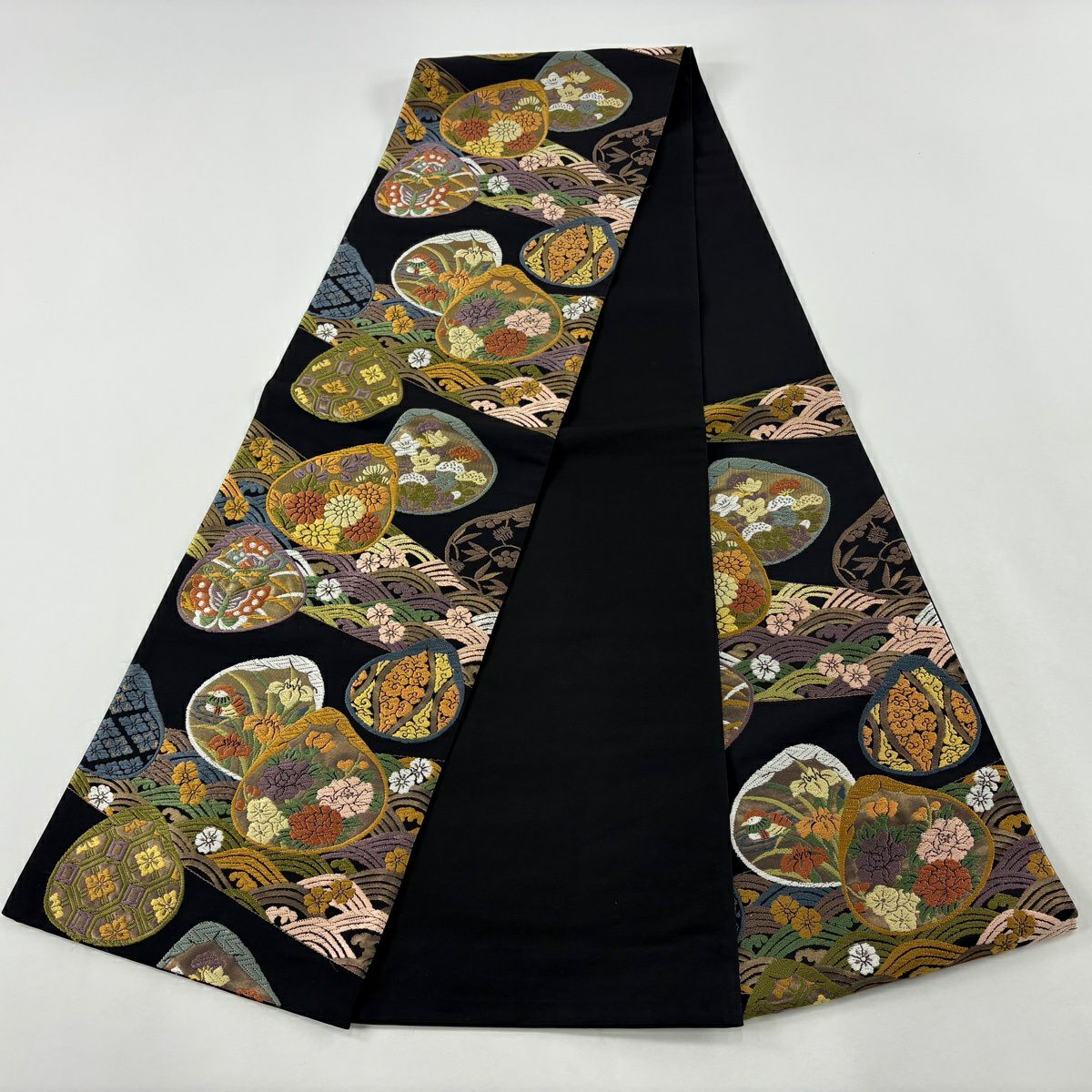 袋帶 逸品級 草花紋紋 貝 刺繡 金金箔 黑 六通 純蠶絲