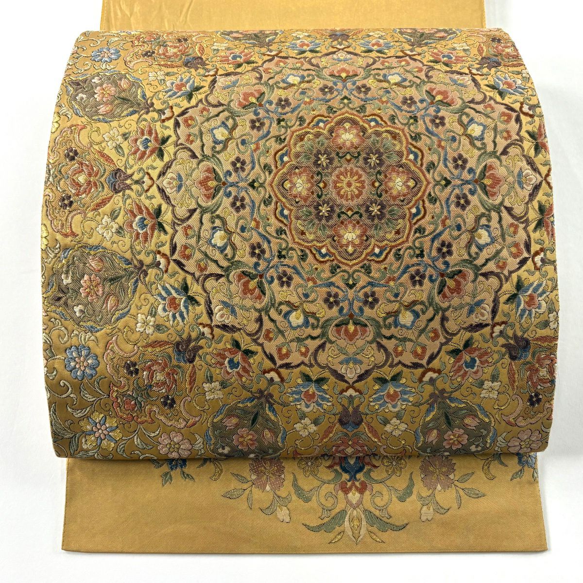 【美品】 袋帶 逸品級 華紋 草花紋 金絲 刺繡 金色 大鼓圖案 純蠶絲