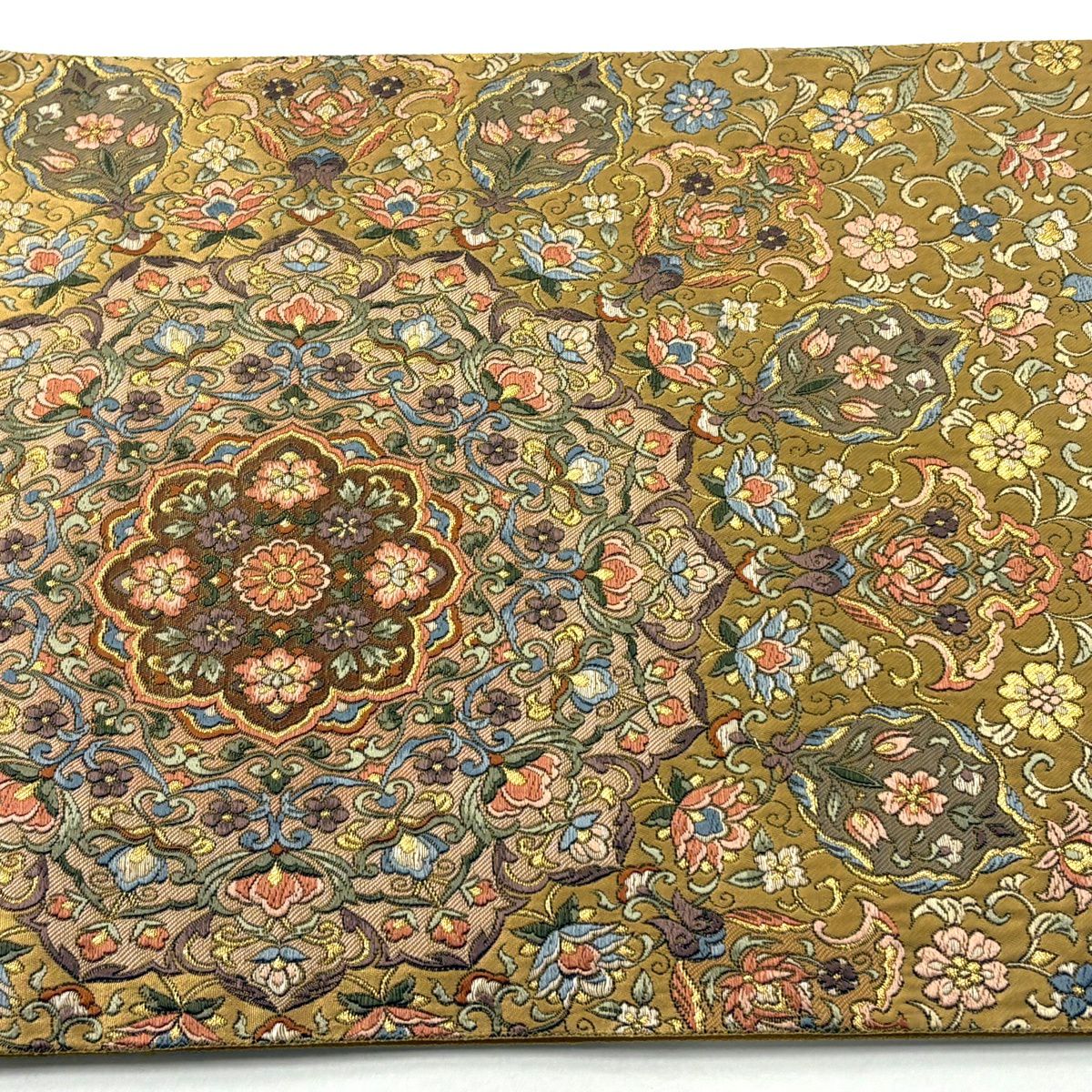 【美品】 袋帶 逸品級 華紋 草花紋 金絲 刺繡 金色 大鼓圖案 純蠶絲