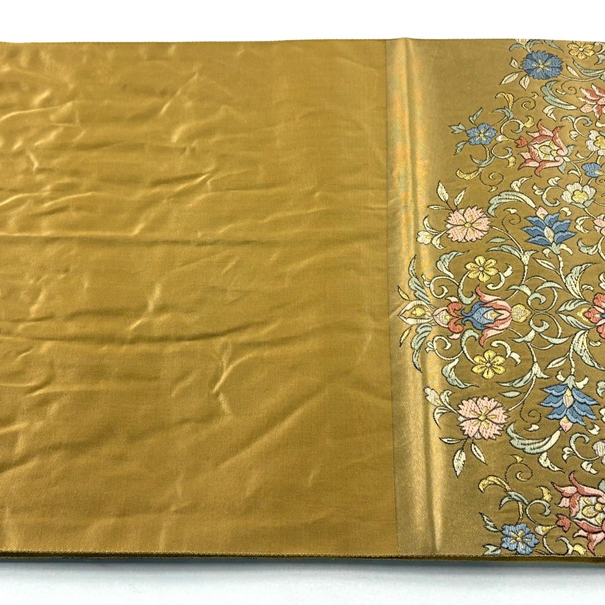 【美品】 袋帶 逸品級 華紋 草花紋 金絲 刺繡 金色 大鼓圖案 純蠶絲