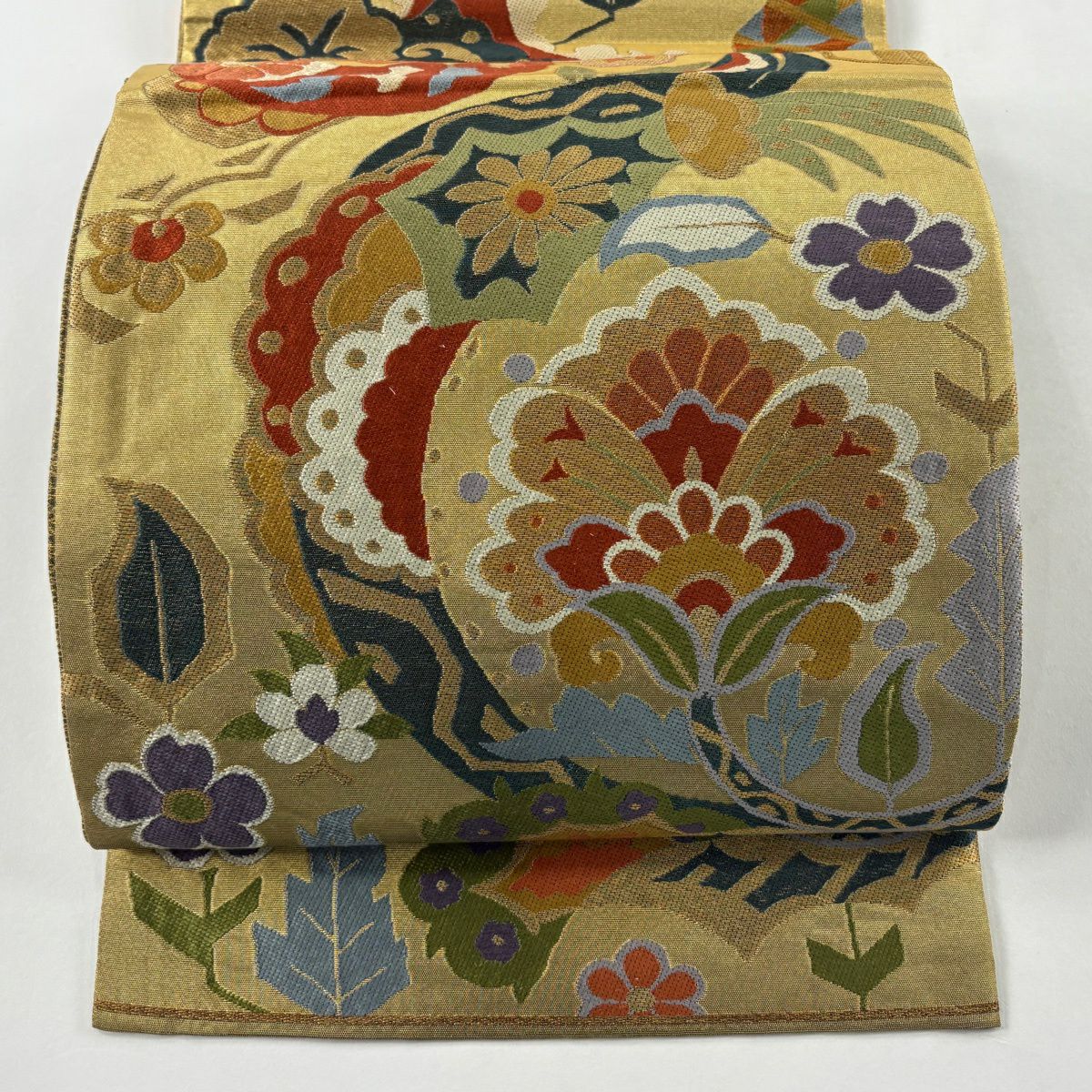 【美品】 袋帶 逸品級 紋屋井關 落款あり 御寮織 關西裁縫 草花紋刺繡 金金箔 金色 六通 純蠶絲