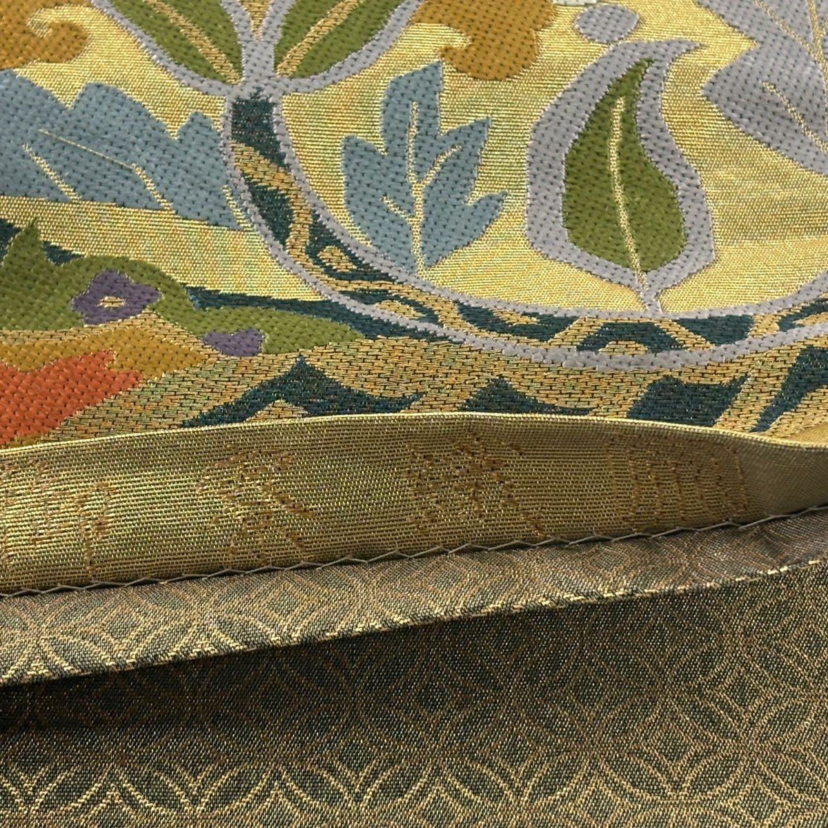 【美品】 袋帶 逸品級 紋屋井關 落款あり 御寮織 關西裁縫 草花紋刺繡 金金箔 金色 六通 純蠶絲