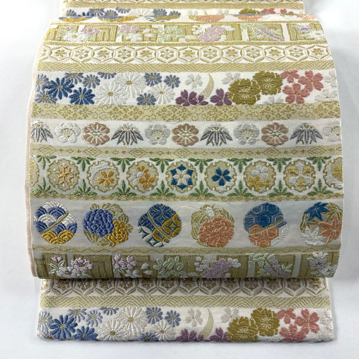 袋帶 逸品級 雪月花 松樹梅花 草花紋紋 唐織 金絲 奶油 六通 純蠶絲