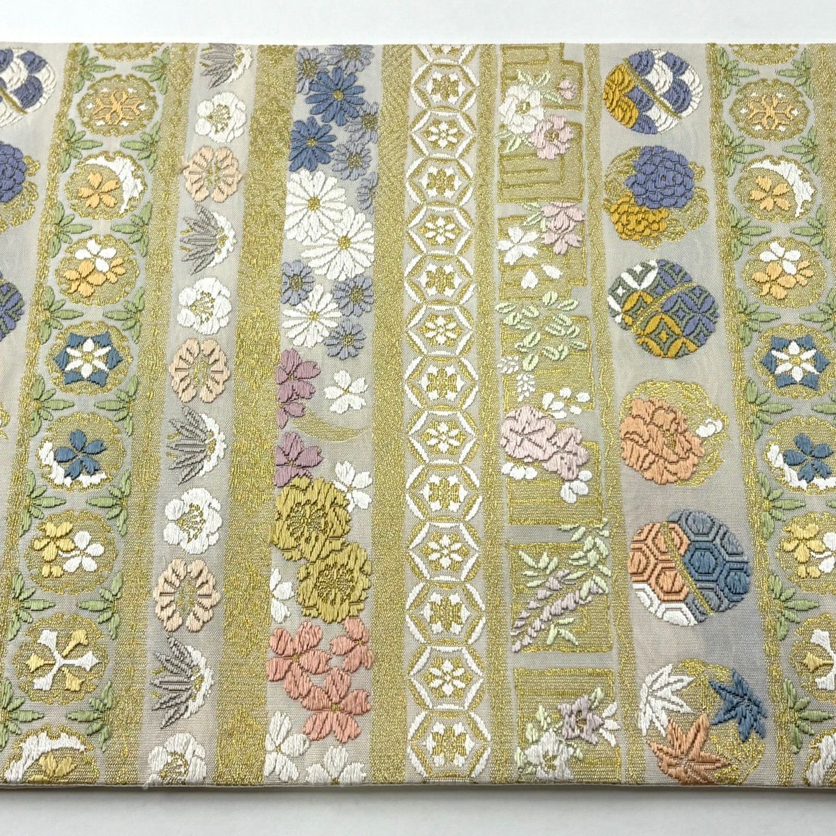 袋帶 逸品級 雪月花 松樹梅花 草花紋紋 唐織 金絲 奶油 六通 純蠶絲