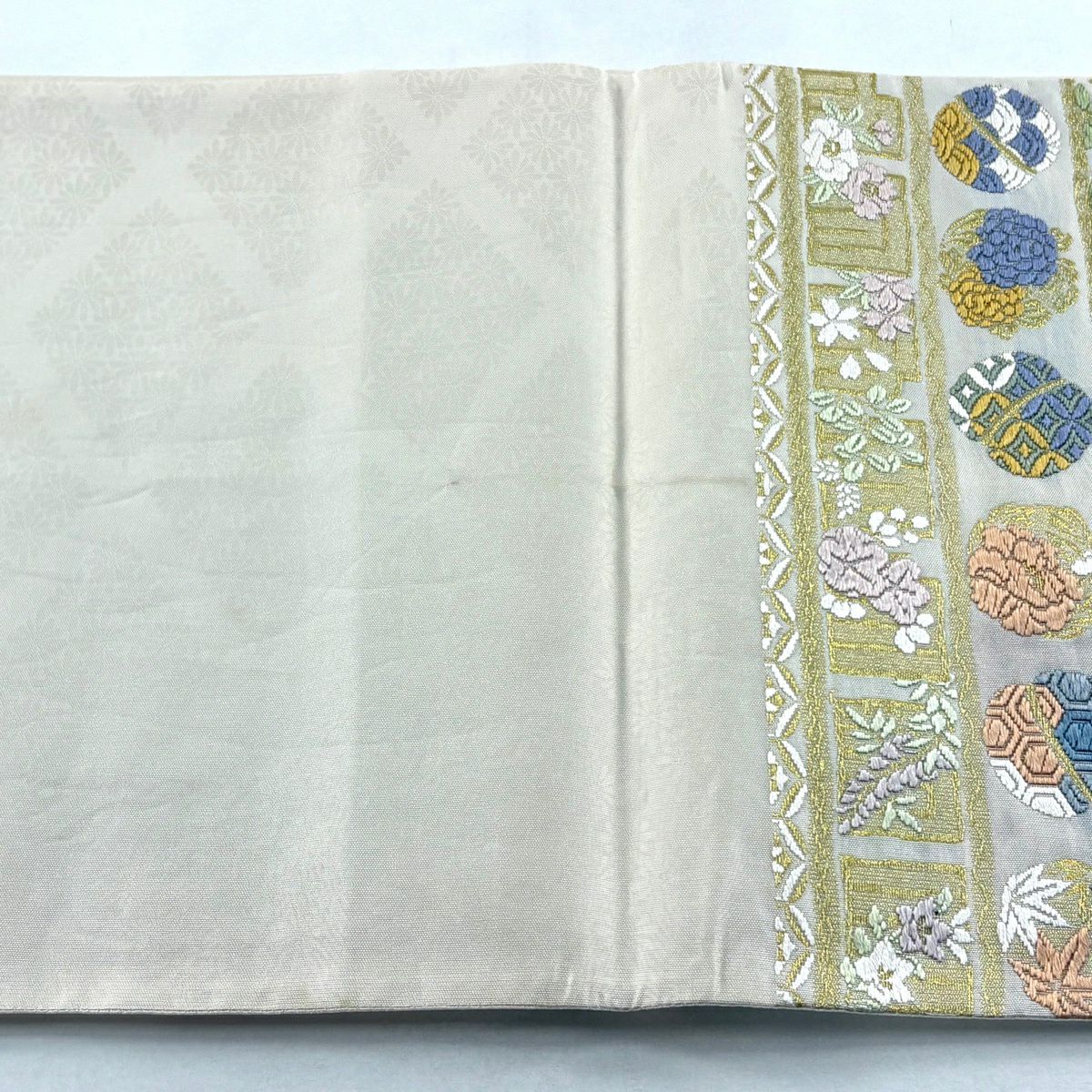 袋帶 逸品級 雪月花 松樹梅花 草花紋紋 唐織 金絲 奶油 六通 純蠶絲