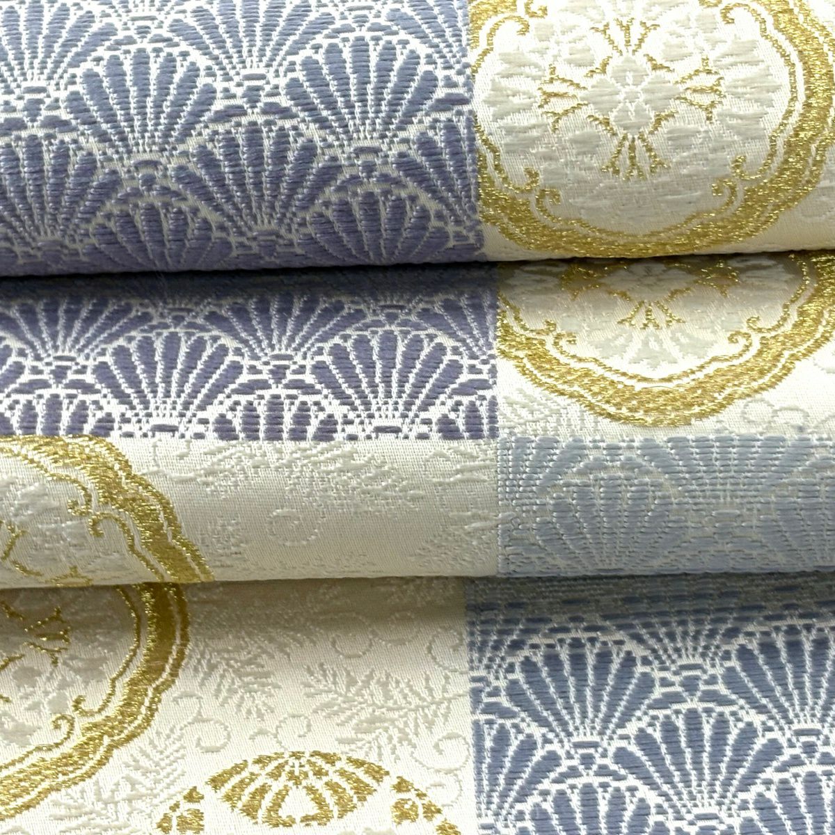 【美品】 袋帶 逸品級 市松樹花 金絲刺繡 淺紫 六通 純蠶絲