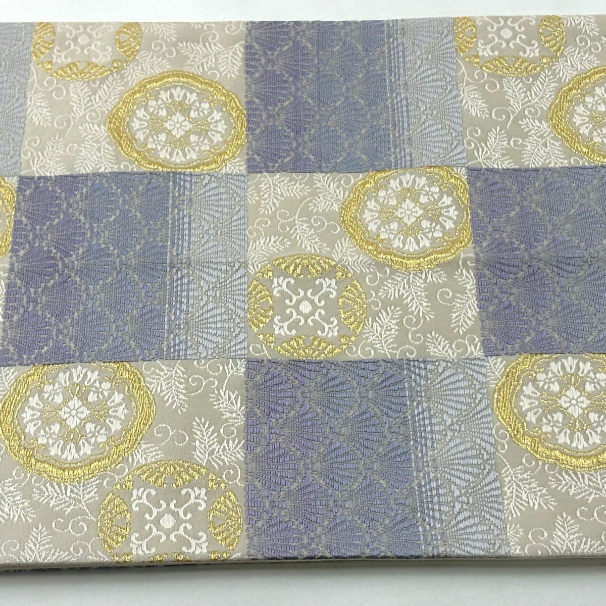 【美品】 袋帶 逸品級 市松樹花 金絲刺繡 淺紫 六通 純蠶絲