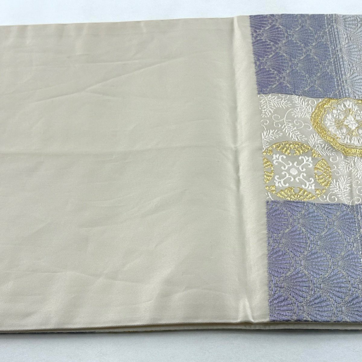 【美品】 袋帶 逸品級 市松樹花 金絲刺繡 淺紫 六通 純蠶絲