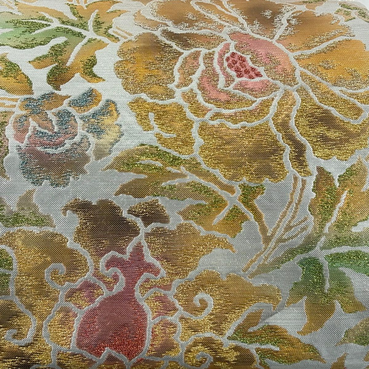 【美品】 袋帶 逸品級 龍村平藏 落款あり 關西裁縫 牡丹唐草紋 金金箔 銀色 お太鼓柄 純蠶絲