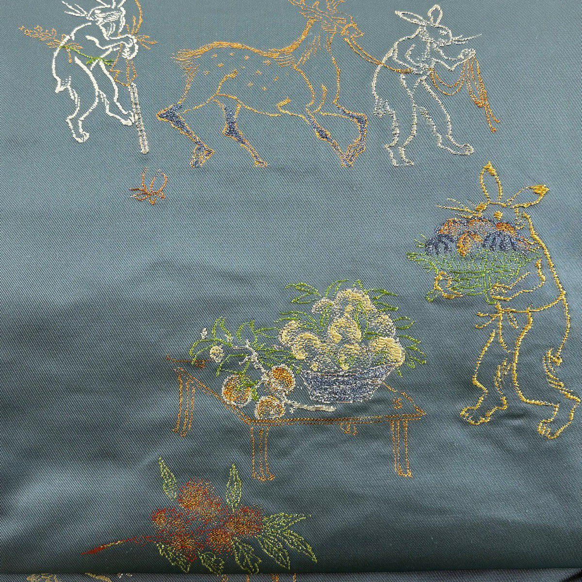 袋帶 逸品級 龍村平蔵 落款あり とばえまき錦 本袋 鳥獣戯画 兔子 金銀糸 拉麵絲 灰綠 お太鼓柄 純蠶絲