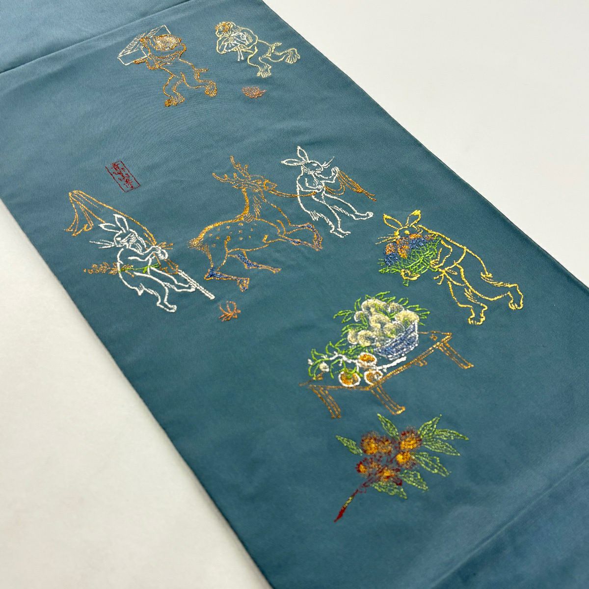 袋帶 逸品級 龍村平蔵 落款あり とばえまき錦 本袋 鳥獣戯画 兔子 金銀糸 拉麵絲 灰綠 お太鼓柄 純蠶絲