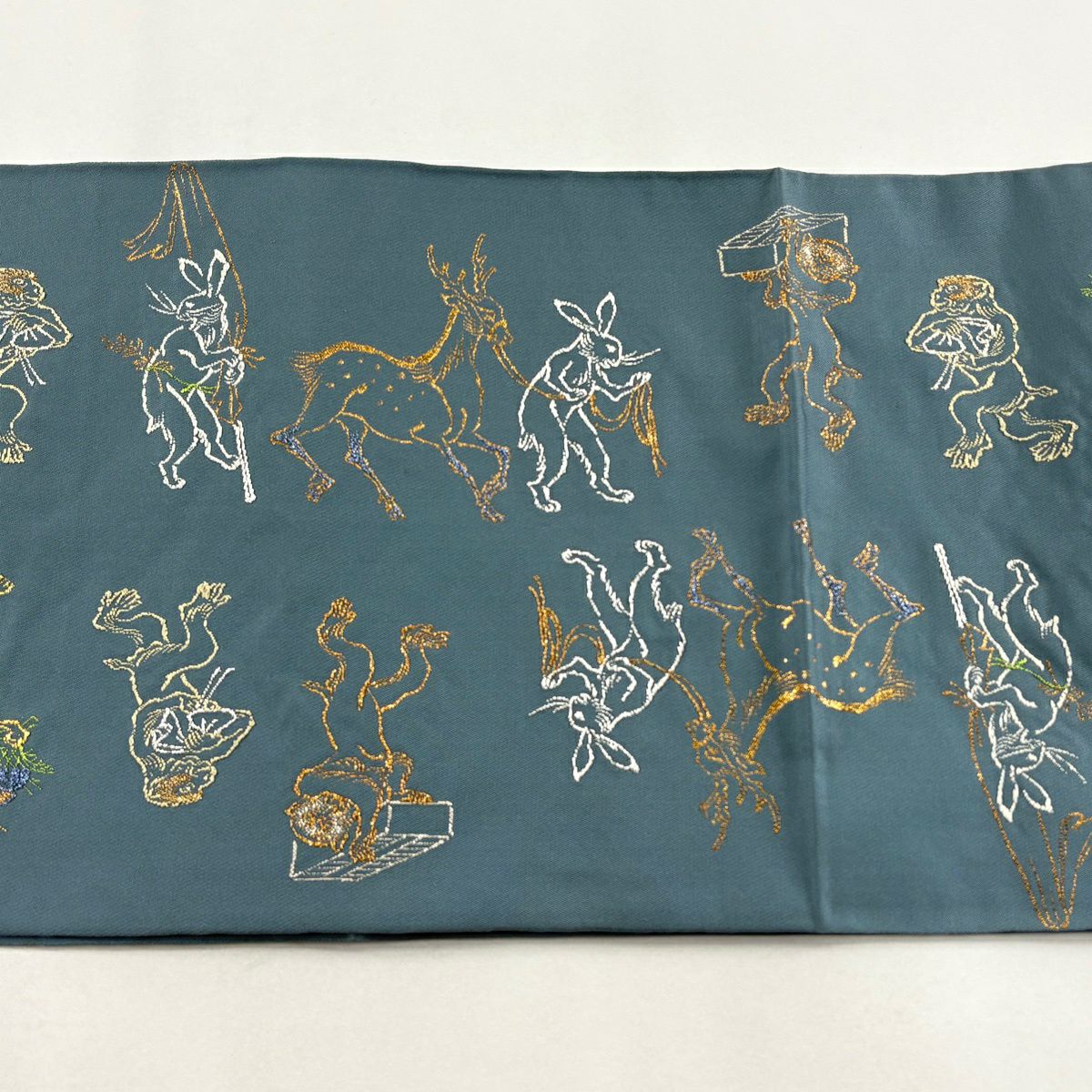 袋帶 逸品級 龍村平蔵 落款あり とばえまき錦 本袋 鳥獣戯画 兔子 金銀糸 拉麵絲 灰綠 お太鼓柄 純蠶絲