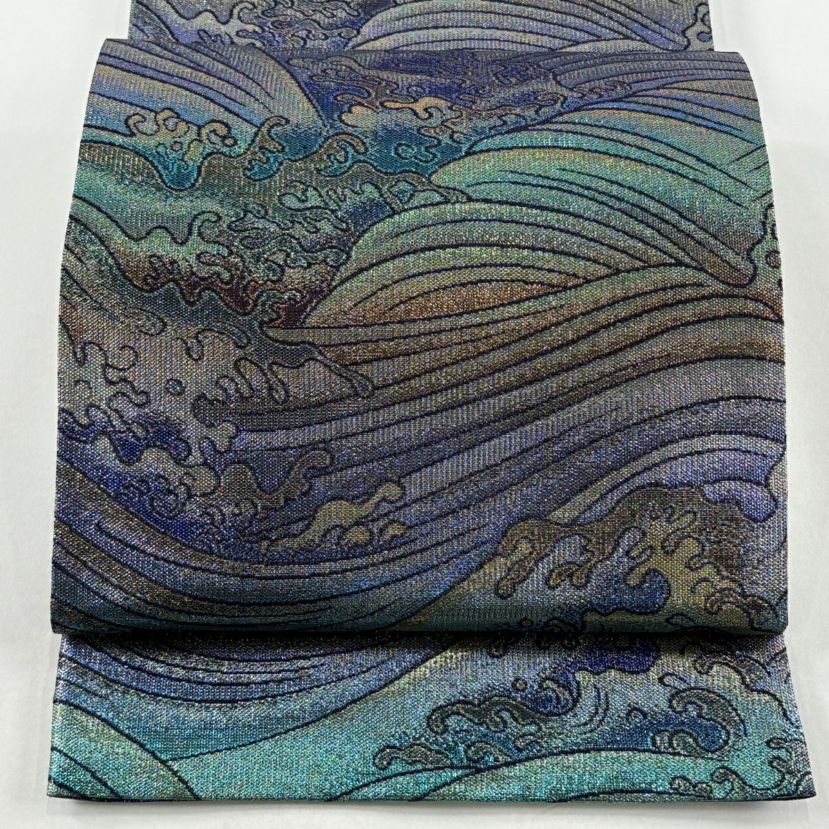 【美品】 袋帶 逸品級 落款あり 新佐波理 応挙波頭定 金金箔 拉麵絲 紫 六通 純蠶絲