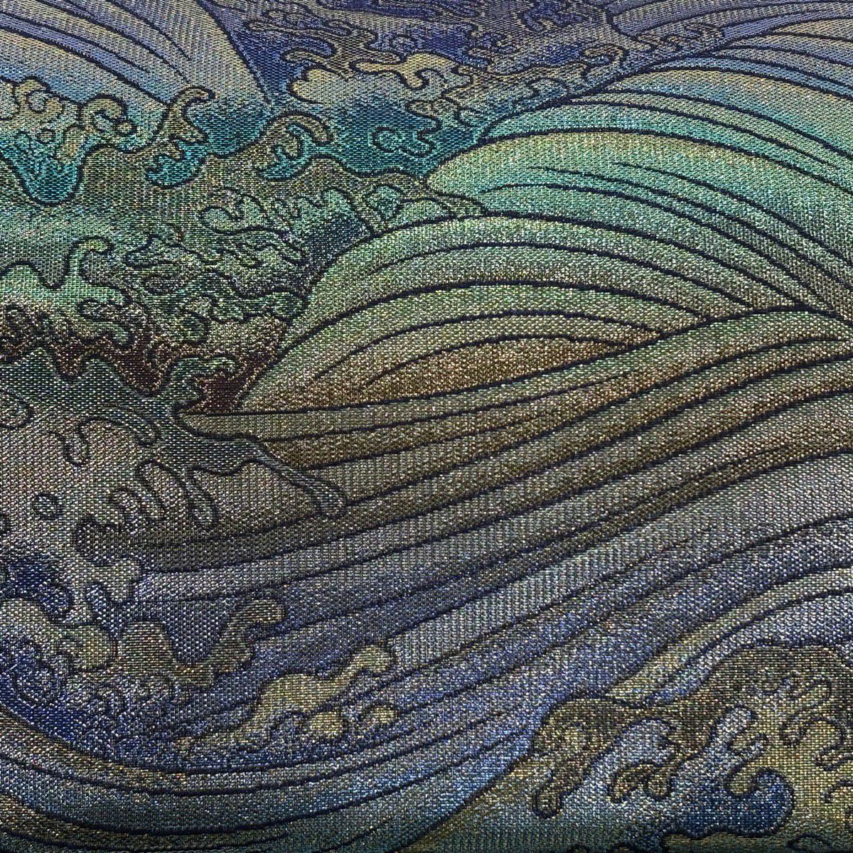 【美品】 袋帶 逸品級 落款あり 新佐波理 応挙波頭定 金金箔 拉麵絲 紫 六通 純蠶絲