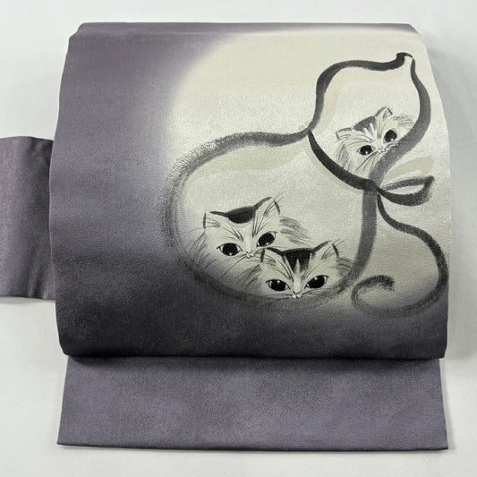 【美品】 名古屋帶 逸品級 貓 瓢箪 銀通し 金銀彩 紫 純蠶絲