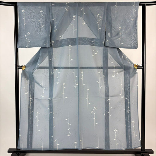 小紋 身長157.5cm 袖長62cm S 薄物 縱絽 草花紋 青灰 純蠶絲 秀品級