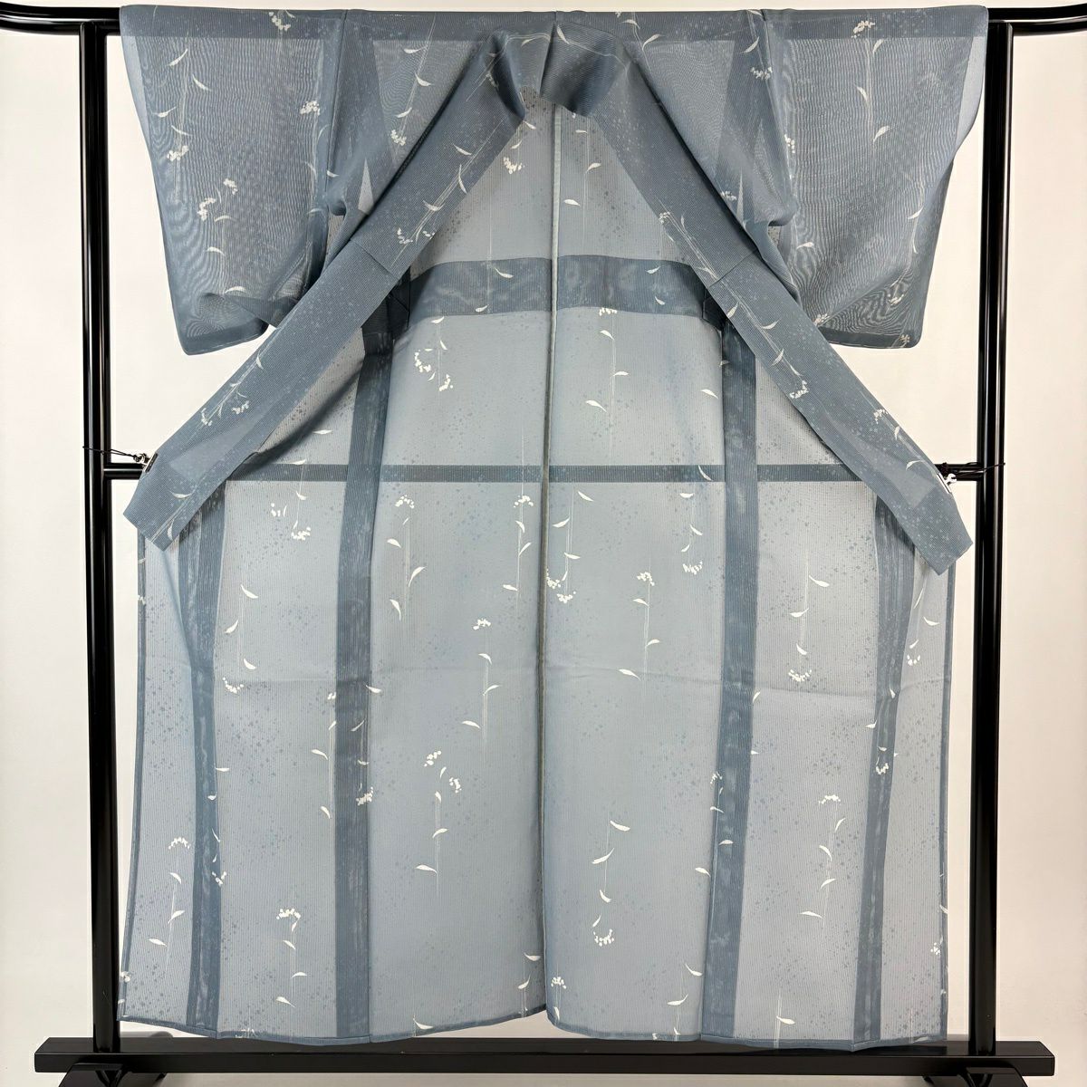 小紋 身長157.5cm 袖長62cm S 薄物 縱絽 草花紋 青灰 純蠶絲 秀品級