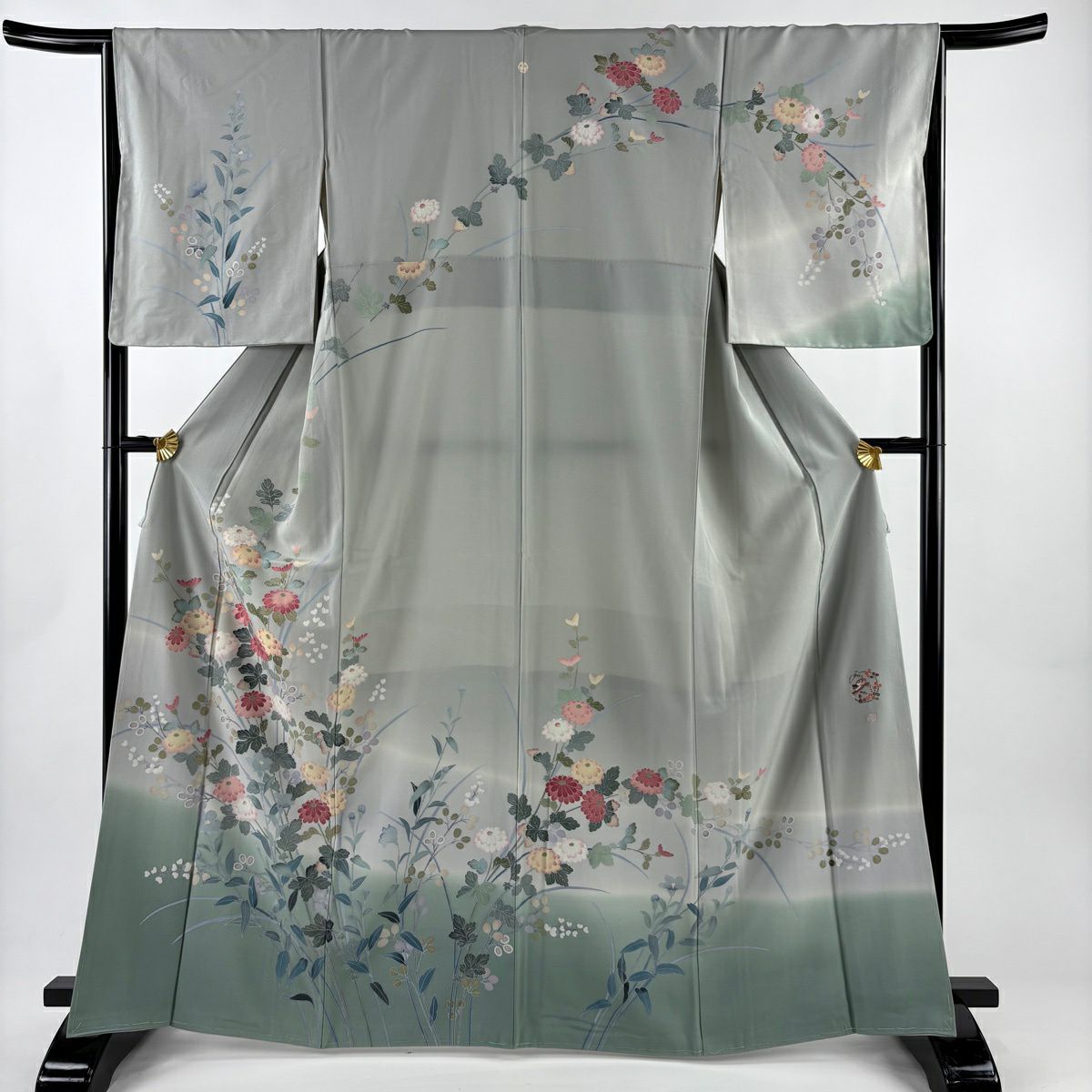 【美品】訪問服 身長164.5cm 袖長65.5cm M 雙層 落款あり 菊花 萩 染分 ぼかし 灰綠 純蠶絲 秀品級 一つ紋