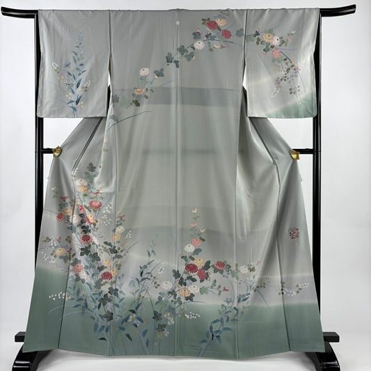 【美品】訪問服 身長164.5cm 袖長65.5cm M 雙層 落款あり 菊花 萩 染分 ぼかし 灰綠 純蠶絲 秀品級 一つ紋