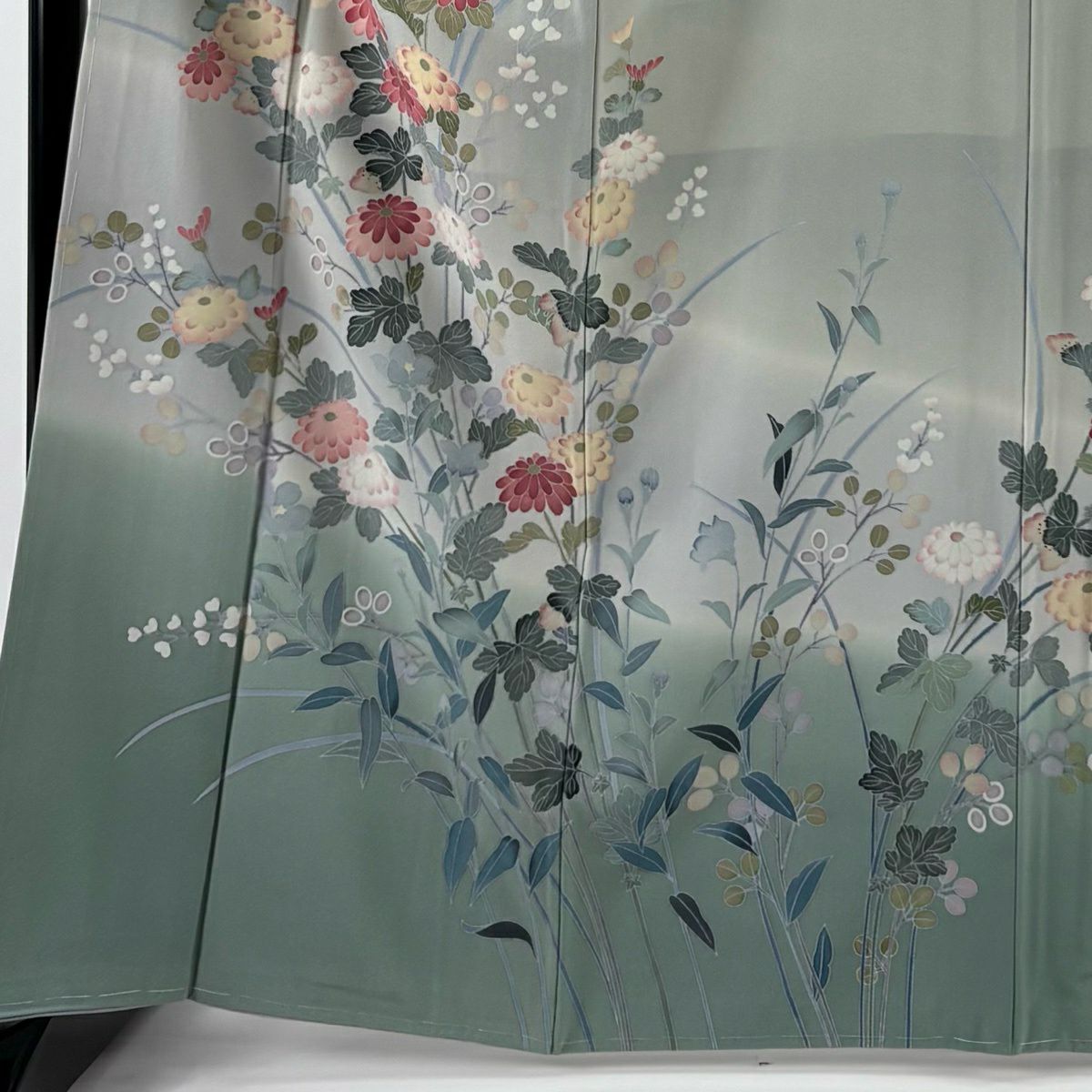 【美品】訪問服 身長164.5cm 袖長65.5cm M 雙層 落款あり 菊花 萩 染分 ぼかし 灰綠 純蠶絲 秀品級 一つ紋