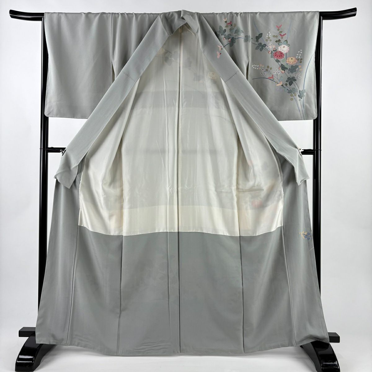 【美品】訪問服 身長164.5cm 袖長65.5cm M 雙層 落款あり 菊花 萩 染分 ぼかし 灰綠 純蠶絲 秀品級 一つ紋