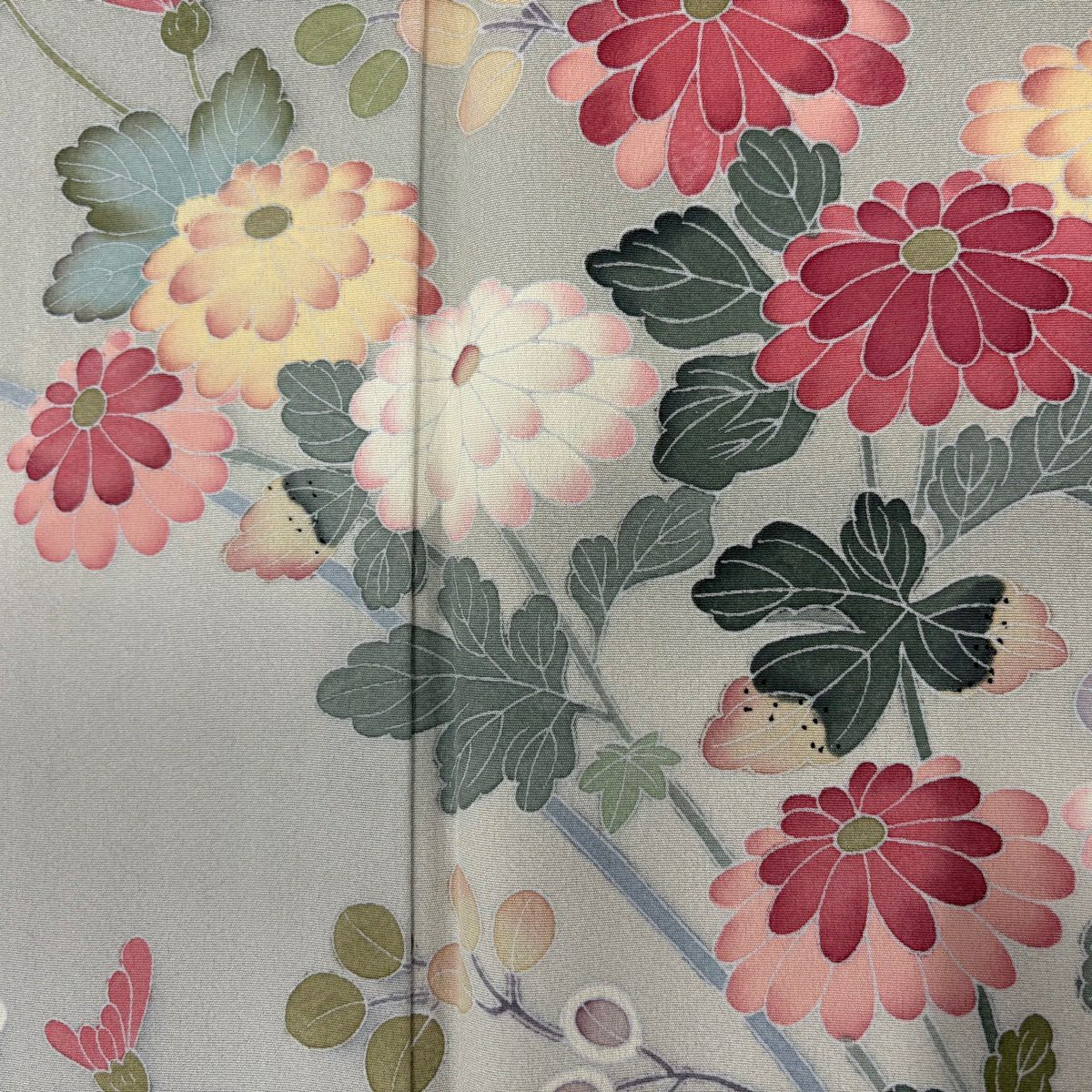 【美品】訪問服 身長164.5cm 袖長65.5cm M 雙層 落款あり 菊花 萩 染分 ぼかし 灰綠 純蠶絲 秀品級 一つ紋
