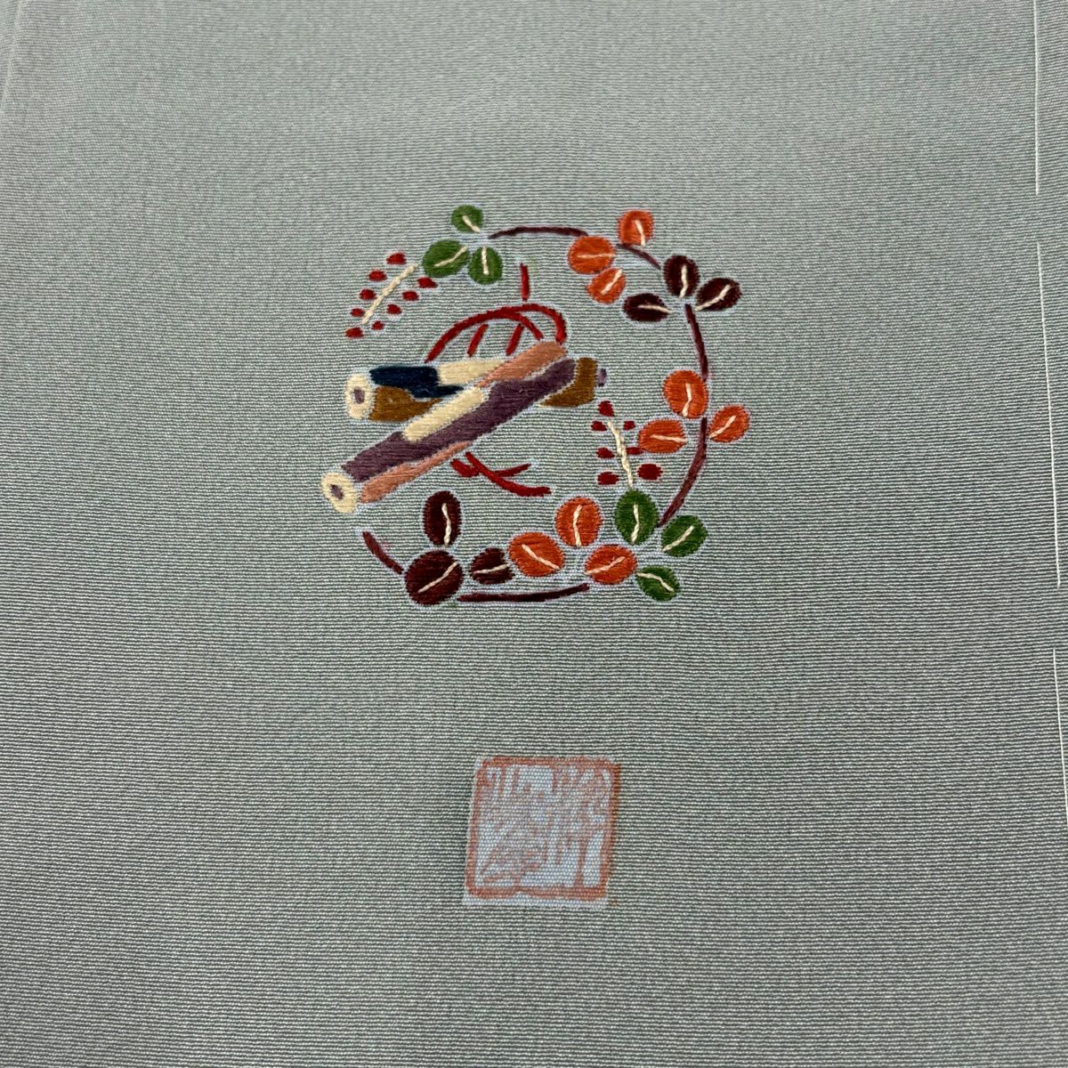 【美品】訪問服 身長164.5cm 袖長65.5cm M 雙層 落款あり 菊花 萩 染分 ぼかし 灰綠 純蠶絲 秀品級 一つ紋