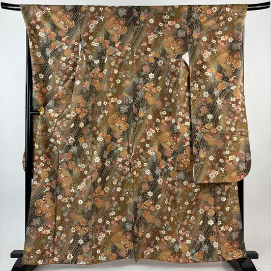 振袖禮服 身長161.5cm 袖長69.5cm L 雙層 草花紋紋 蝶 金銀彩 漸層 茶 純蠶絲 優品級