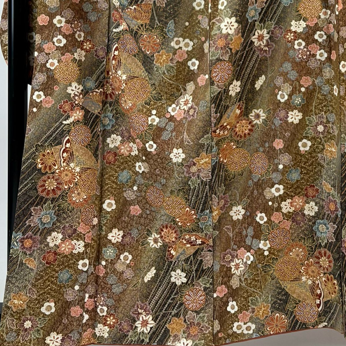 振袖禮服 身長161.5cm 袖長69.5cm L 雙層 草花紋紋 蝶 金銀彩 漸層 茶 純蠶絲 優品級