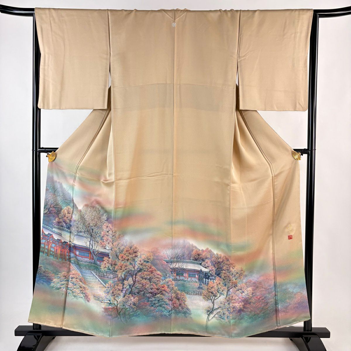 【美品】 留袖禮服禮服 身長157cm 袖長65cm M 雙層 落款あり 建物 樹木 金銀彩 漸層 薄茶 純蠶絲 秀品級 一つ紋